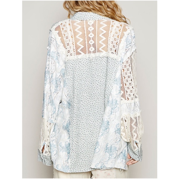 POL Floral Print Semi Sheer Crochet Button Down Shirt - Picture 3 of 3